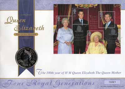 2000 GB - QM 100th Birth Anniv Pane - �5 Coin Cover (Royal Mint)